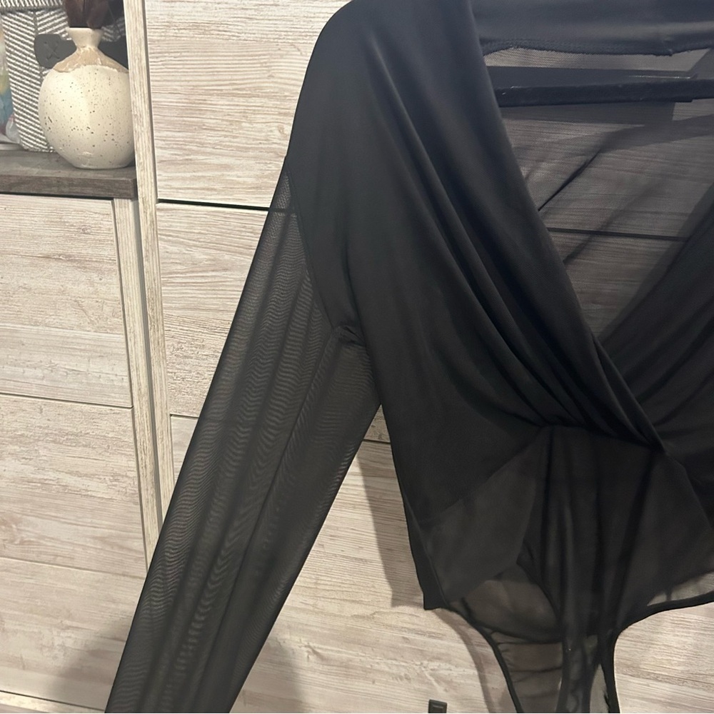 Worn once black sexy low cut mesh netting bodysuit L - Picture 3 of 3